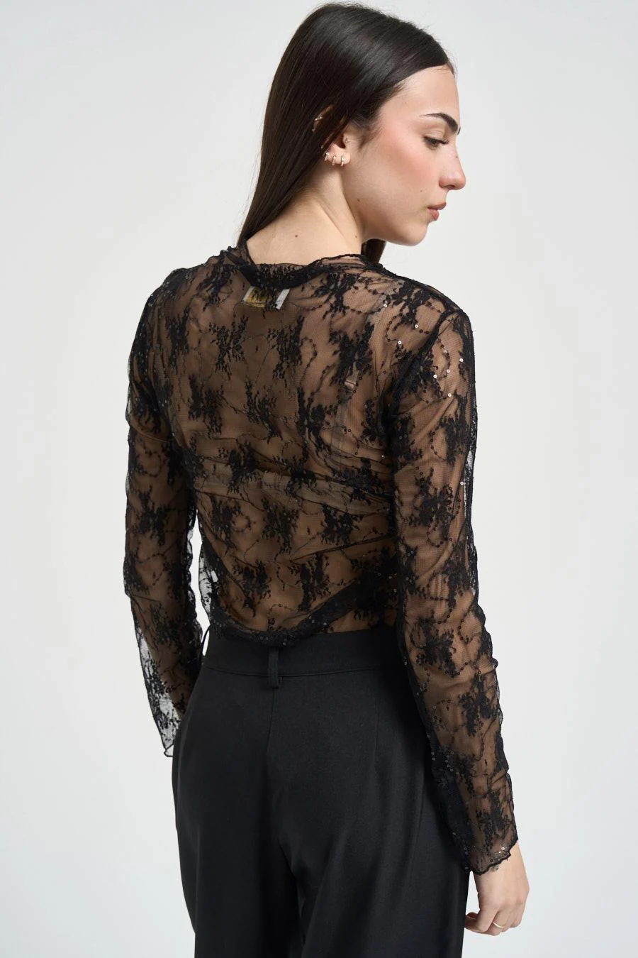 T-shirt donna manica lunga in pizzo nera - immagine 4